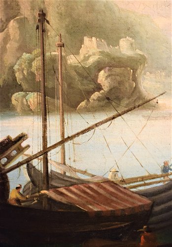 Paysage côtier avec port et ruines